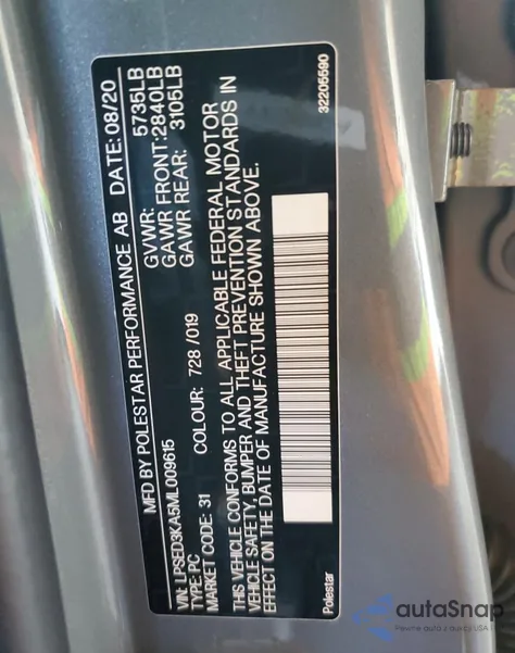 2021 Polestar 2 z USA, uszkodzony, nr VIN LPSED3KA5ML009615